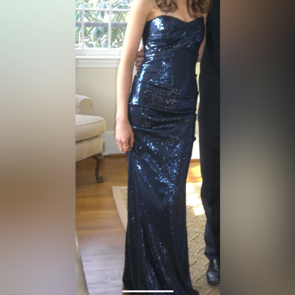 Nicole Miller Strapless Fitted Sequin Gown With Long Back Train And Back Zip Nye